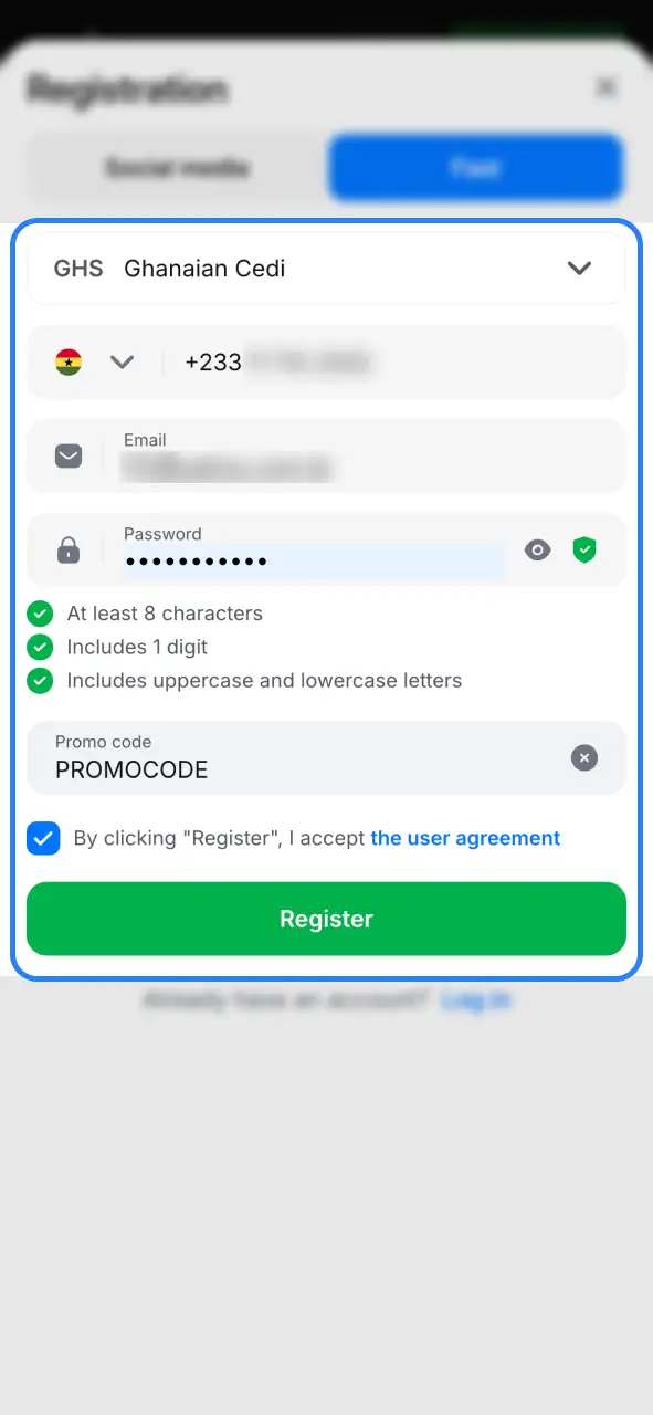 Choose a registration method on 1Win, fill in details, and set GHS as currency.