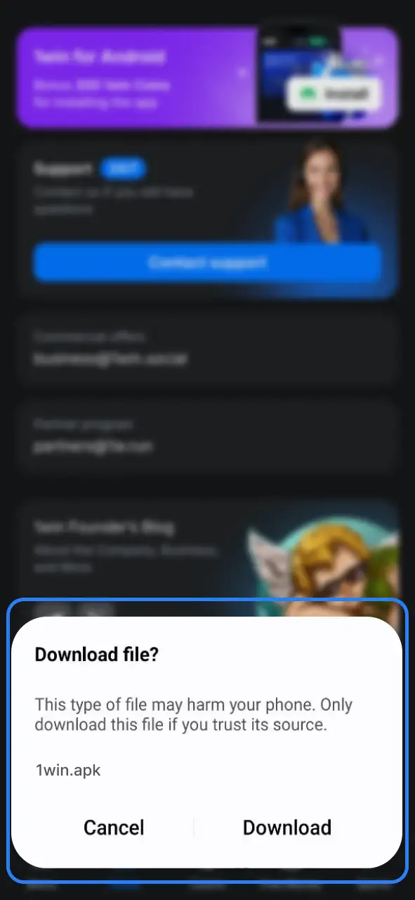 Press the button to start 1Win APK download and wait for it to complete.