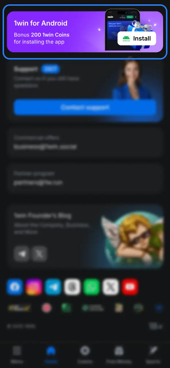 Find the App section on 1Win site, click Application for Android to download.