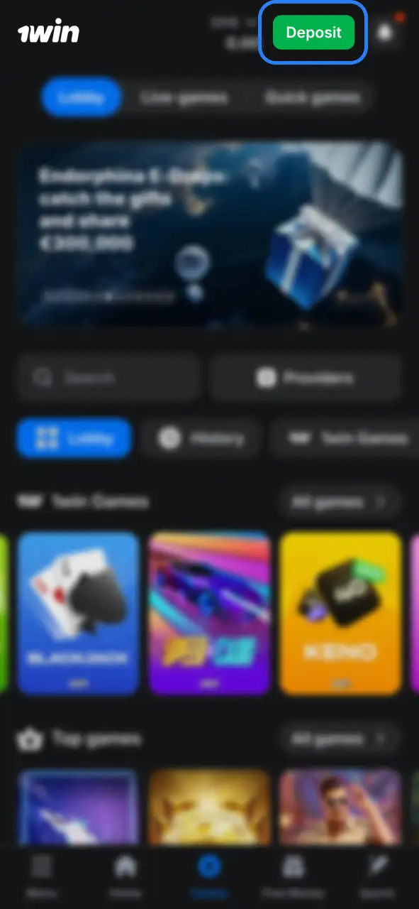 Click Deposit to open the payment section at 1Win.