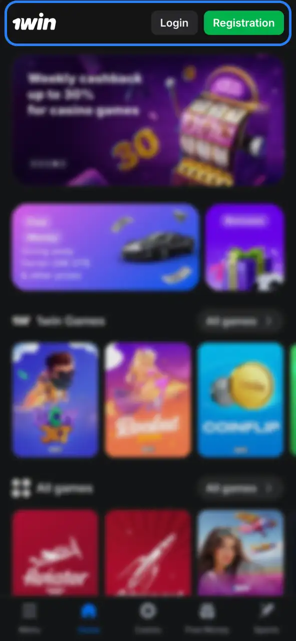 Click Registration to sign up at 1Win, or Login to access your account.