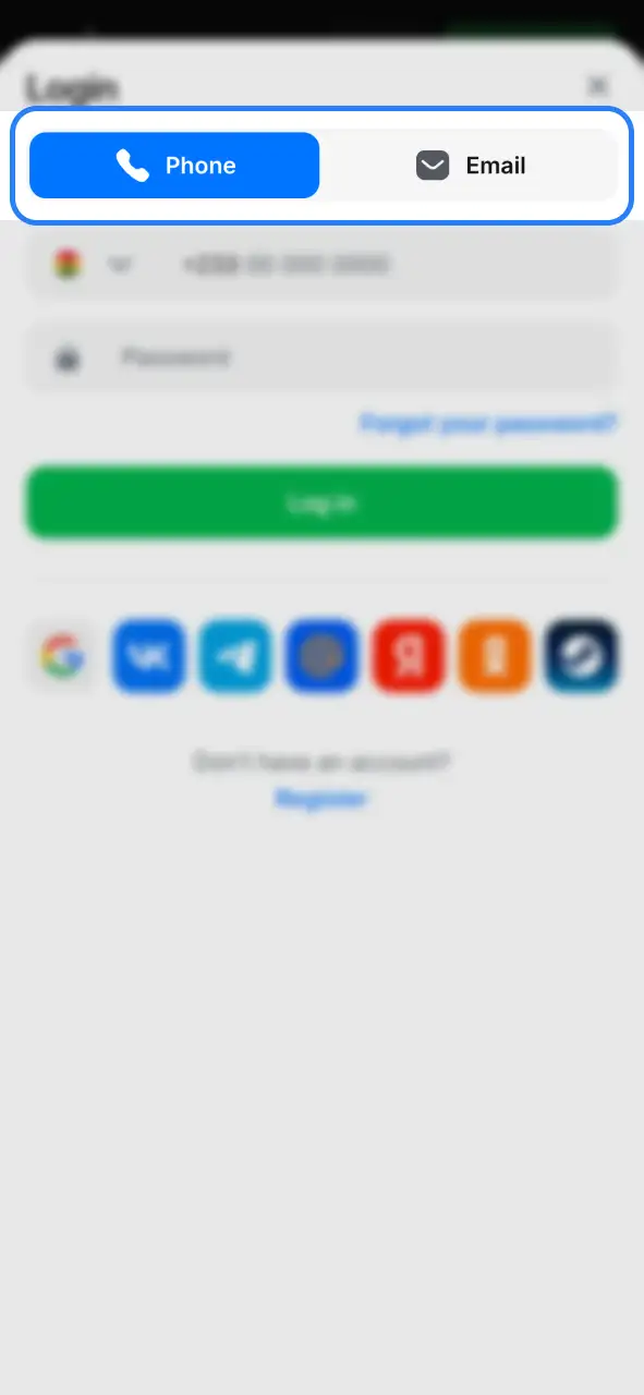 Select the Phone option in the login tab to sign in to 1Win.