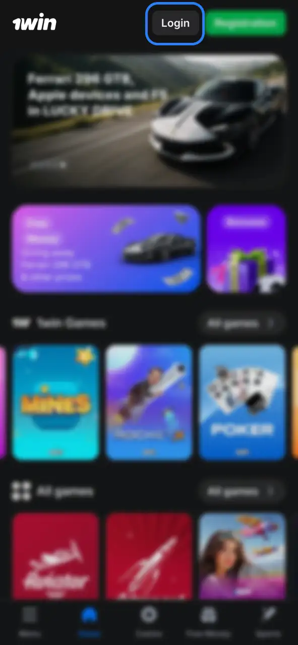 Tap Login at the upper right to open 1Win authorization tab.