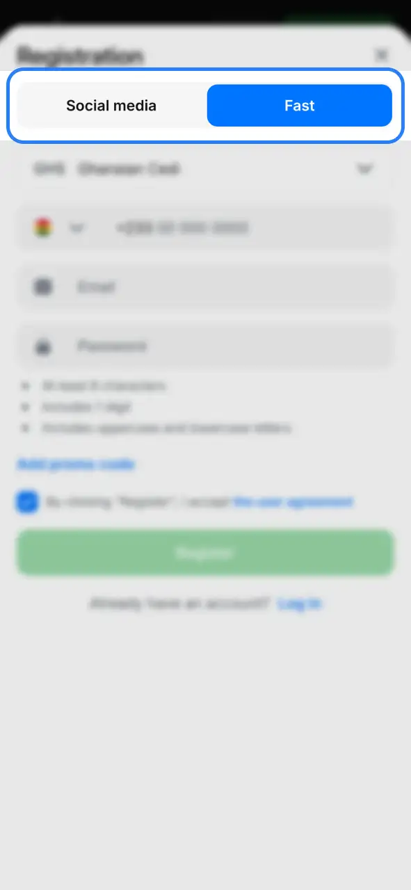 Select Quick method in the 1Win registration menu.