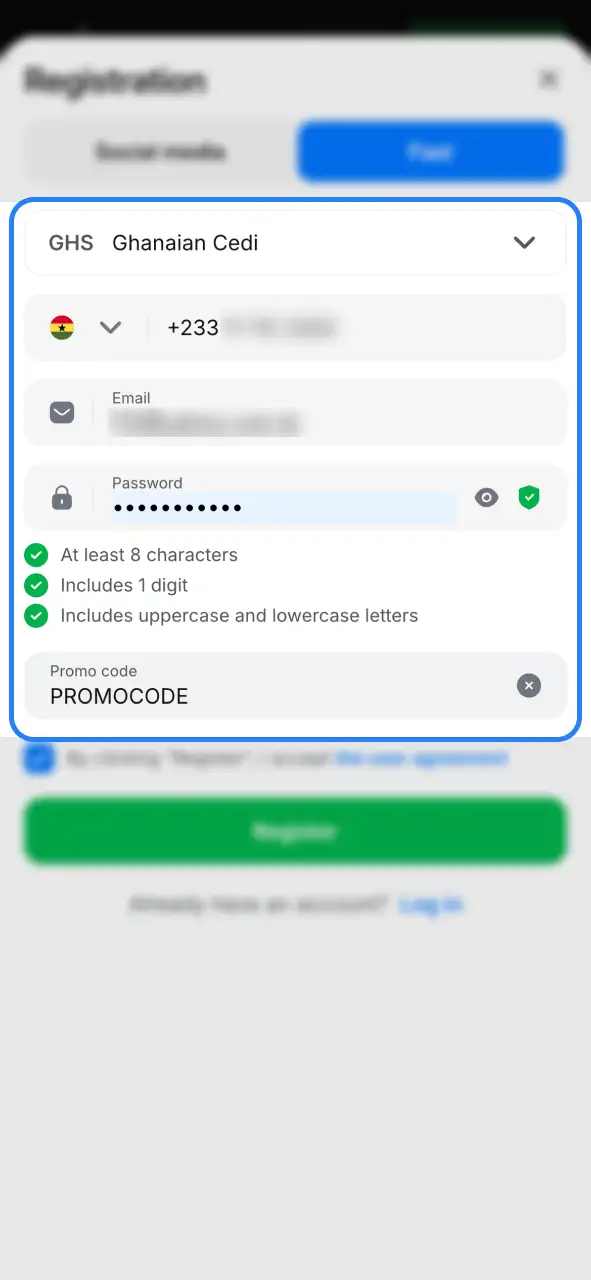 Provide contact details and set a password to finish 1Win registration.