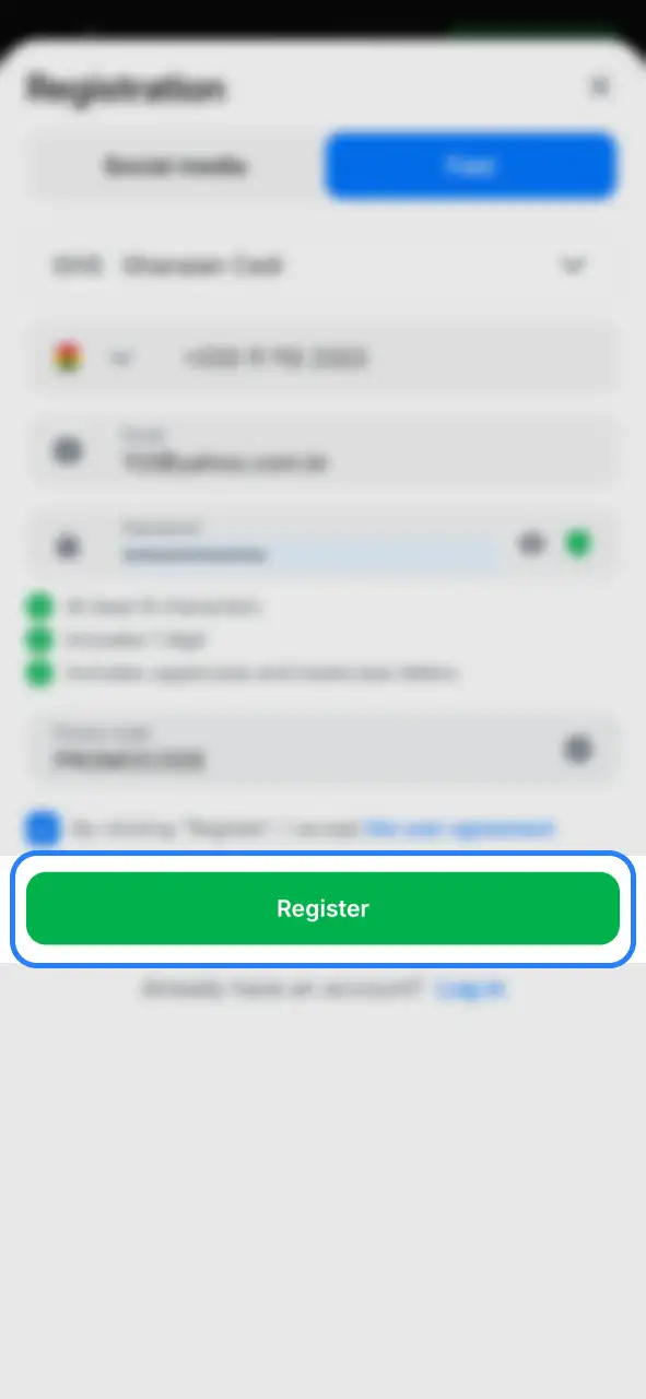 Agree with terms and tap Register button to finish creating your 1Win account.
