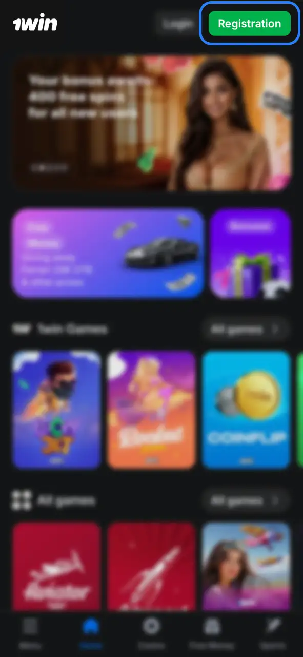 Press Registration button to open the 1Win sign up form.