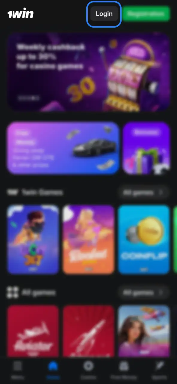 Log in to your 1Win account by pressing the Login button.