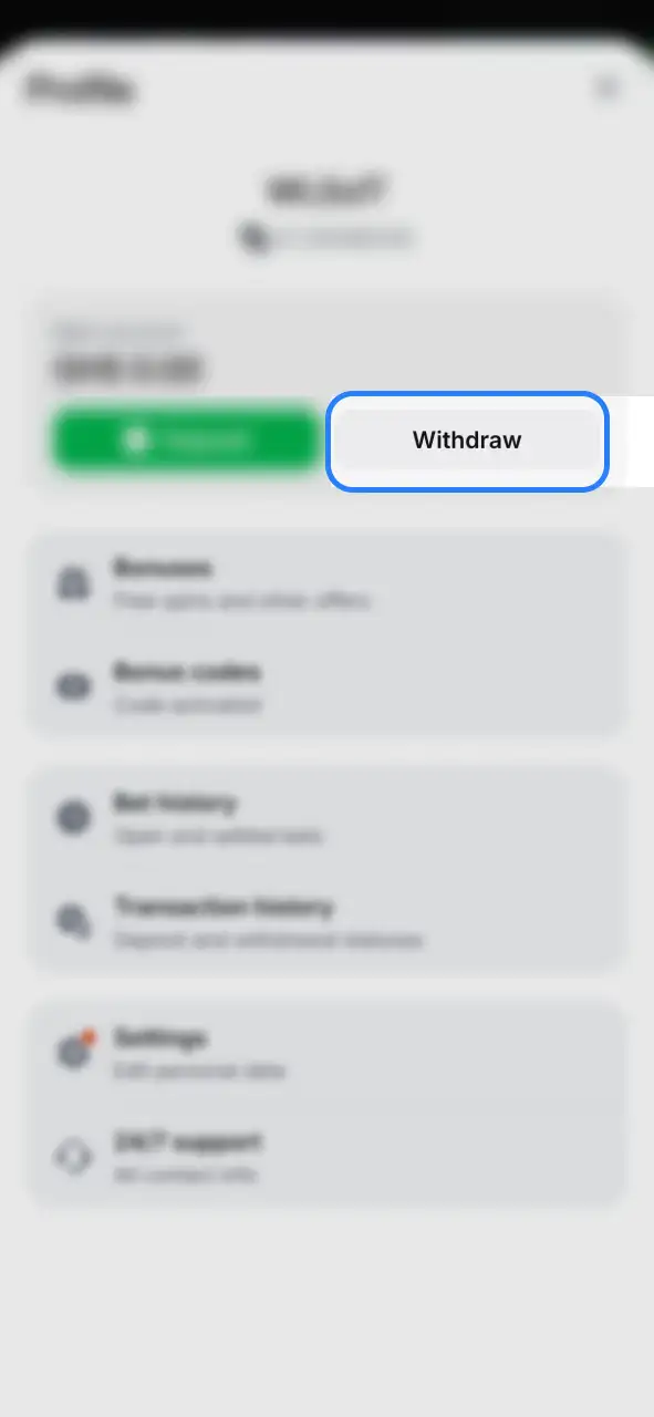 Access Withdrawal options at 1Win by choosing it from your account menu.