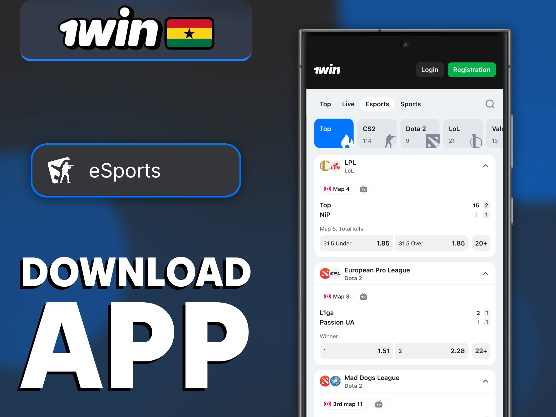 1Win platform offers a mobile app for eSports betting.